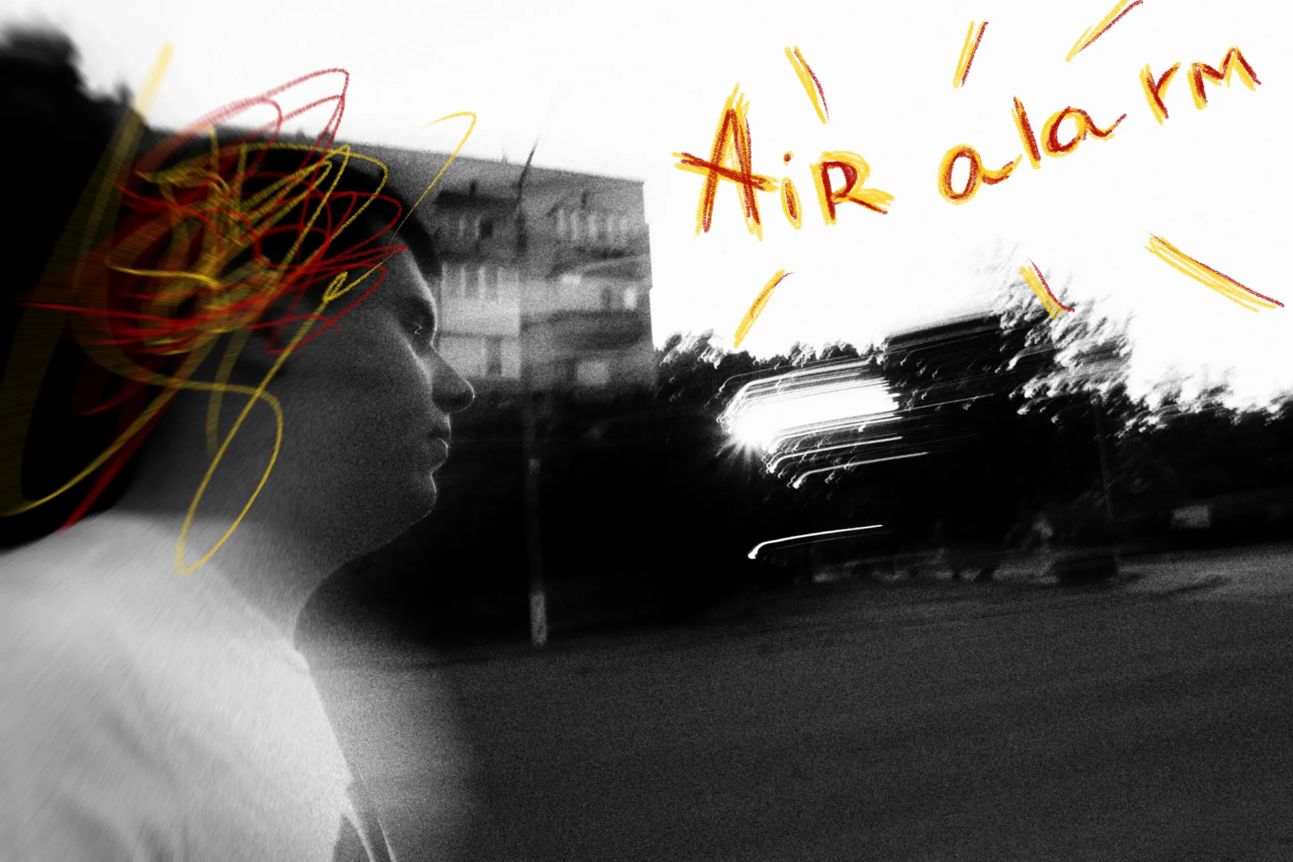 Street scene with Air alarm drawn in orange