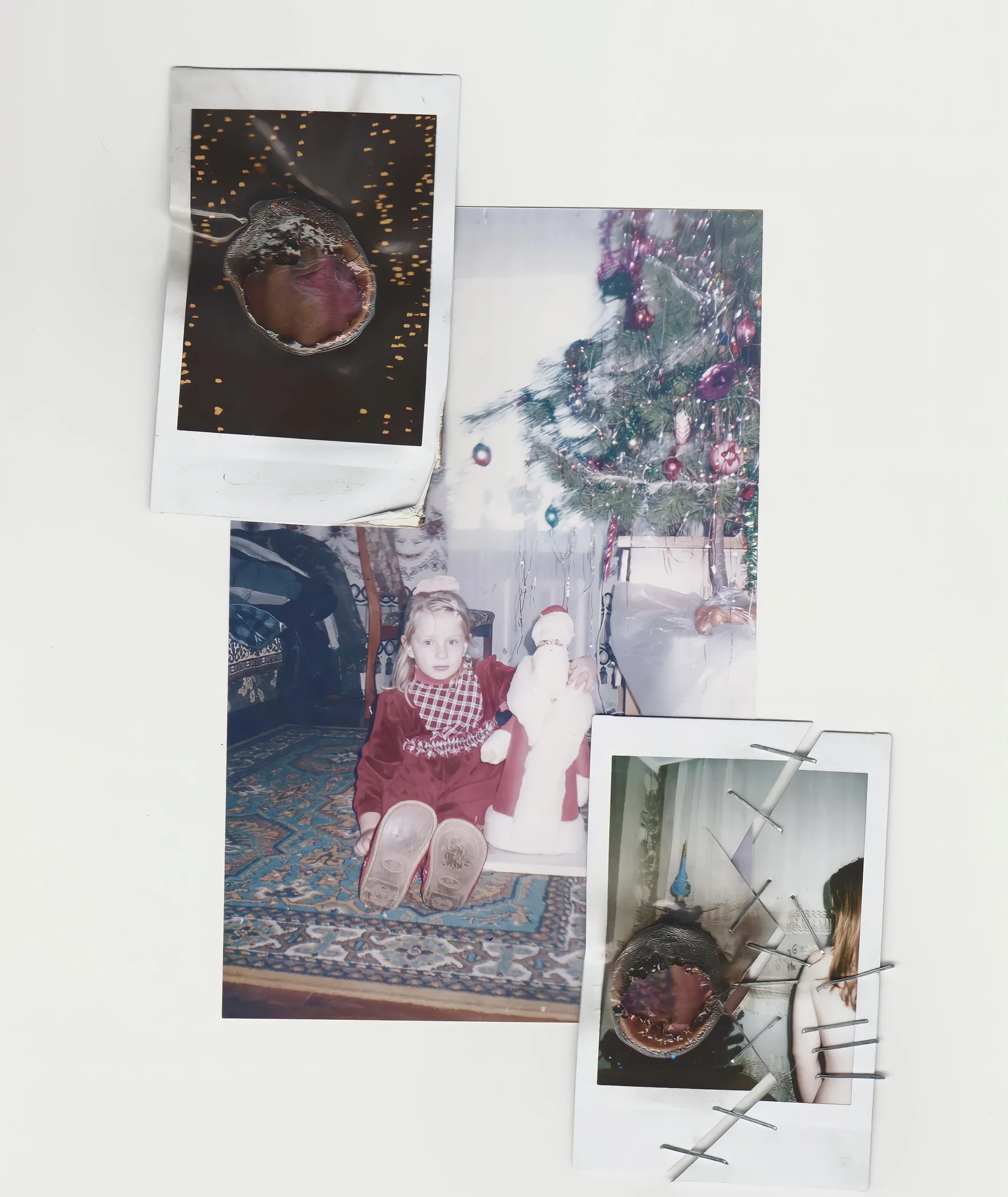 Collage of childhood photos and burnt polaroids around a Christmas tree