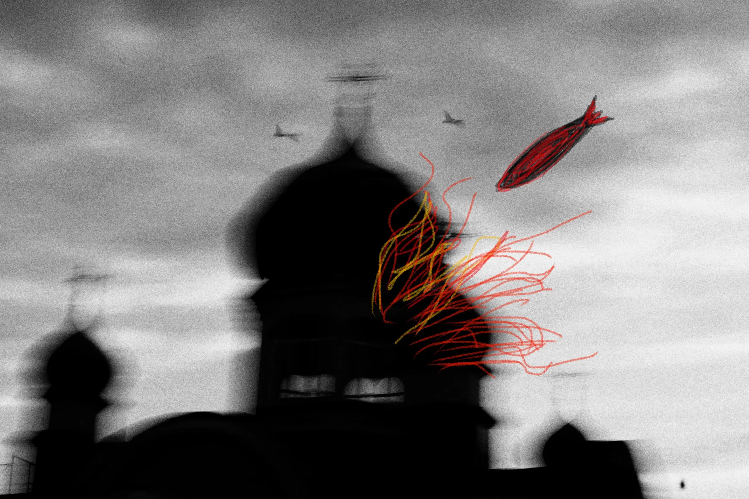 Street scene with Air alarm drawn in orange