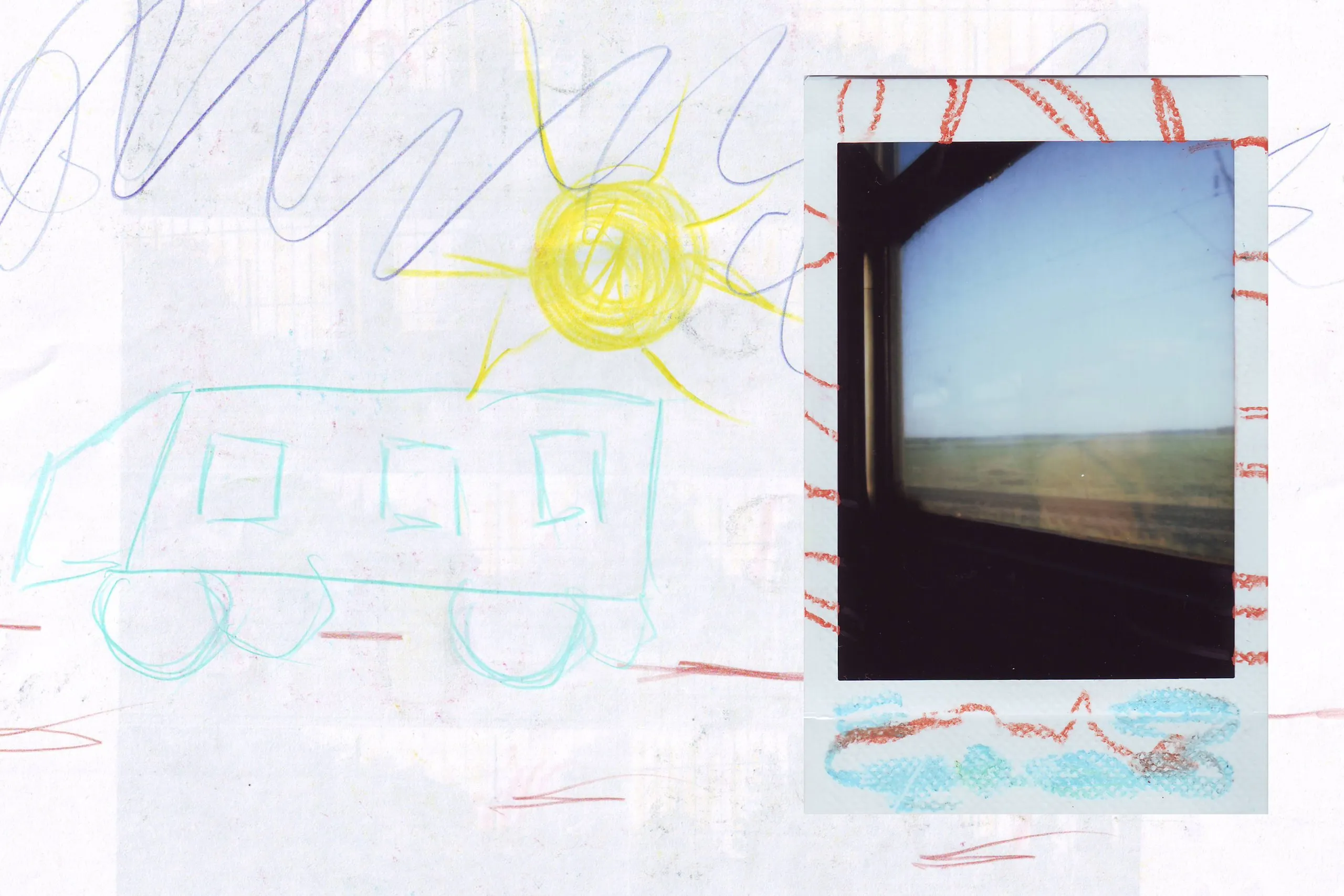 Child's drawing of a bus and a sun beside a polaroid of a window