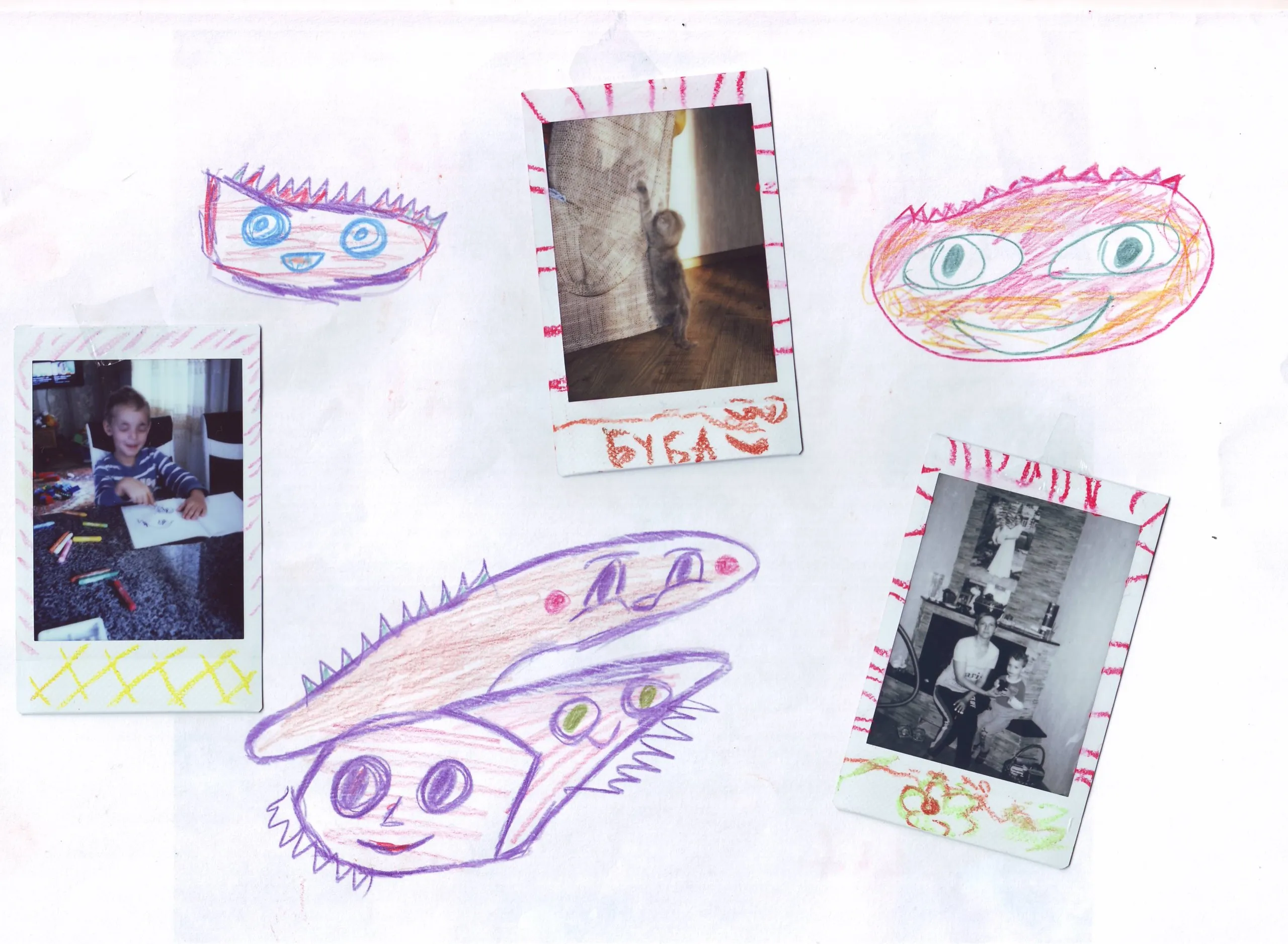 Drawn faces and polaroids