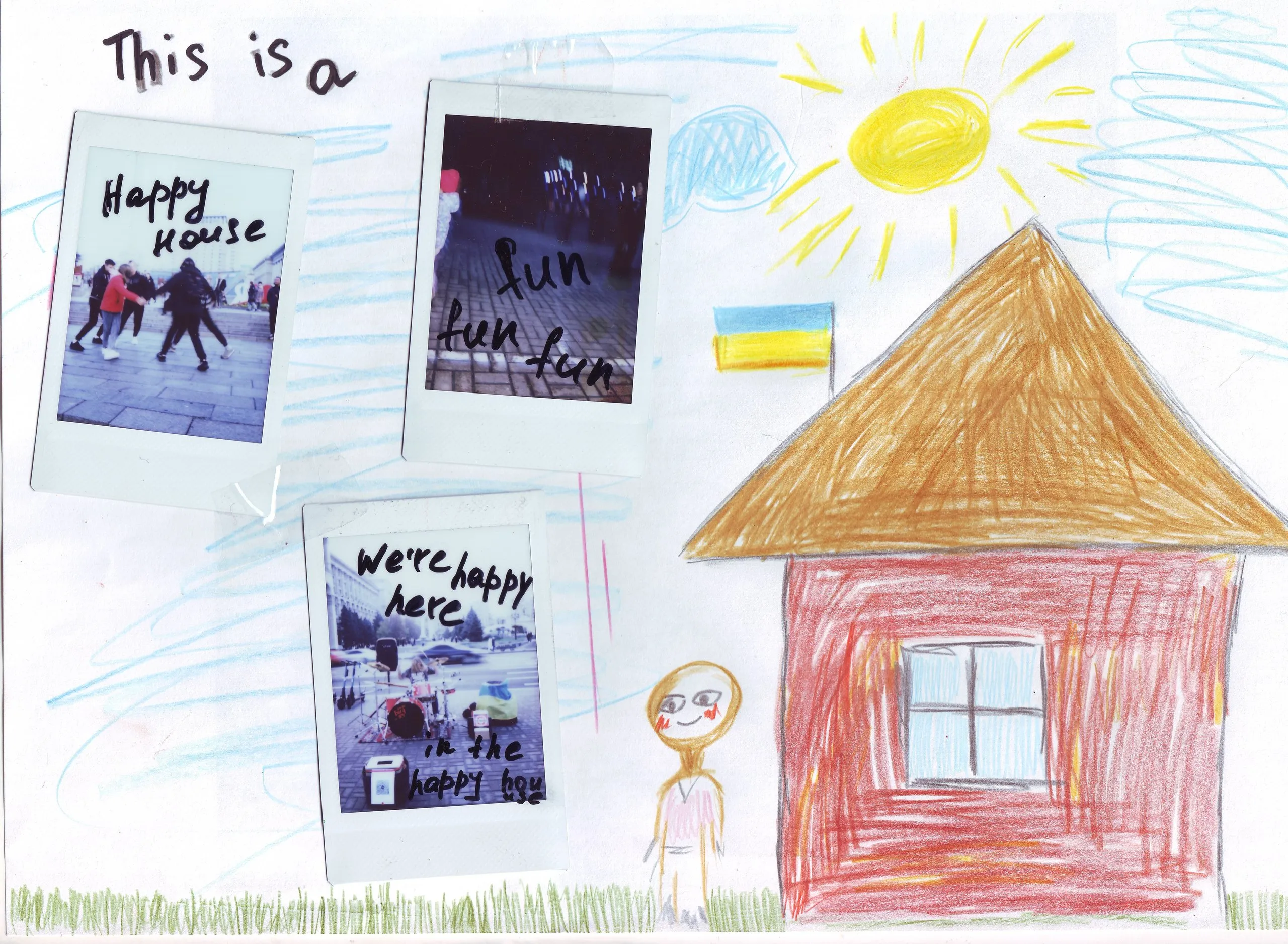Drawing of a house with polaroids