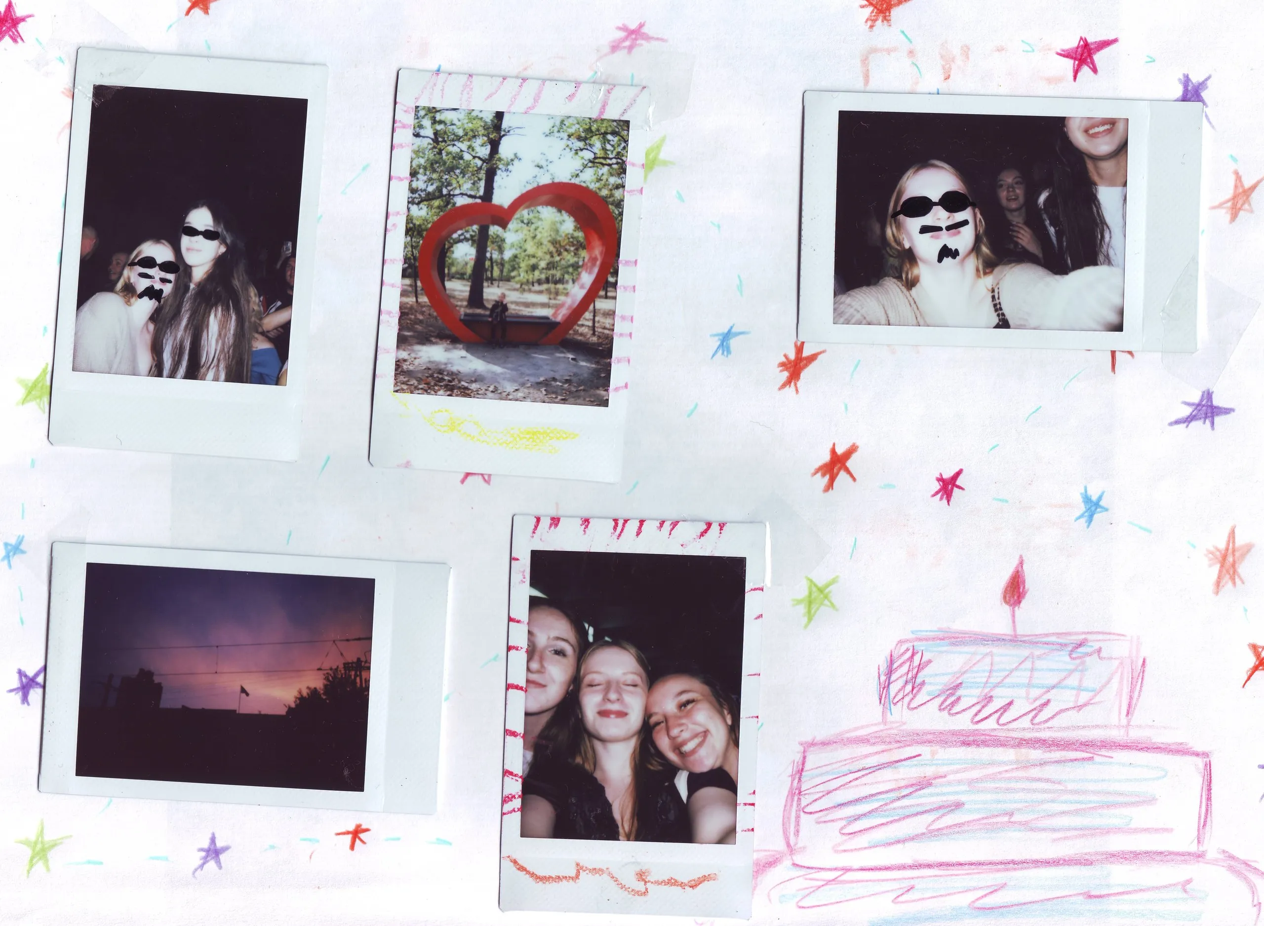 Polaroids among coloured drawings