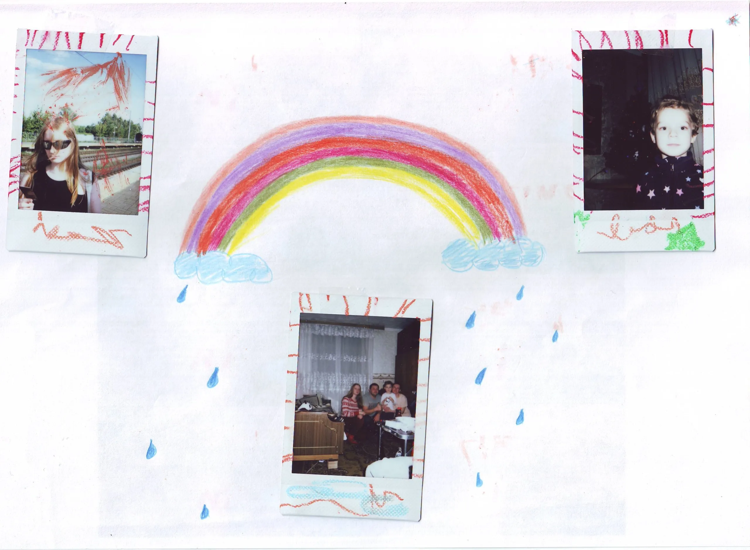 Rainbow drawing with polaroids