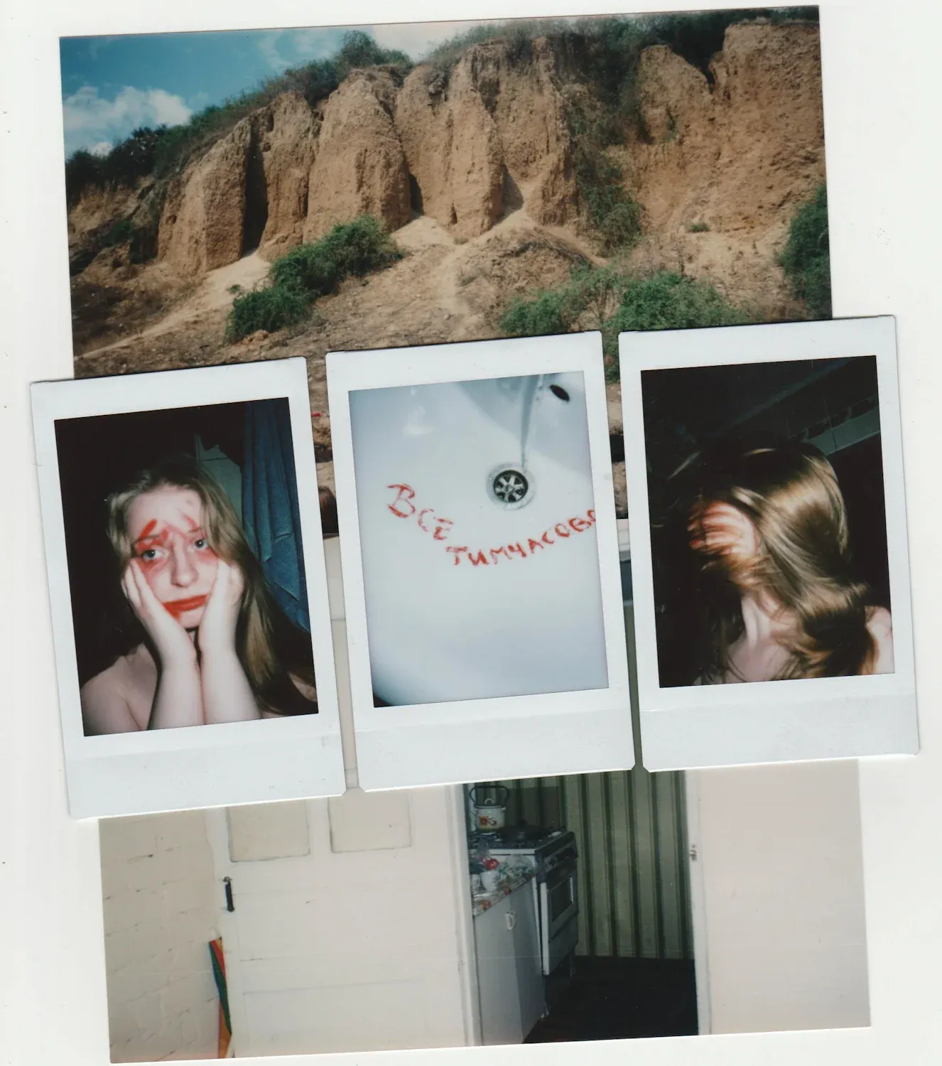 Three polaroids over a photo of a sandy cliff