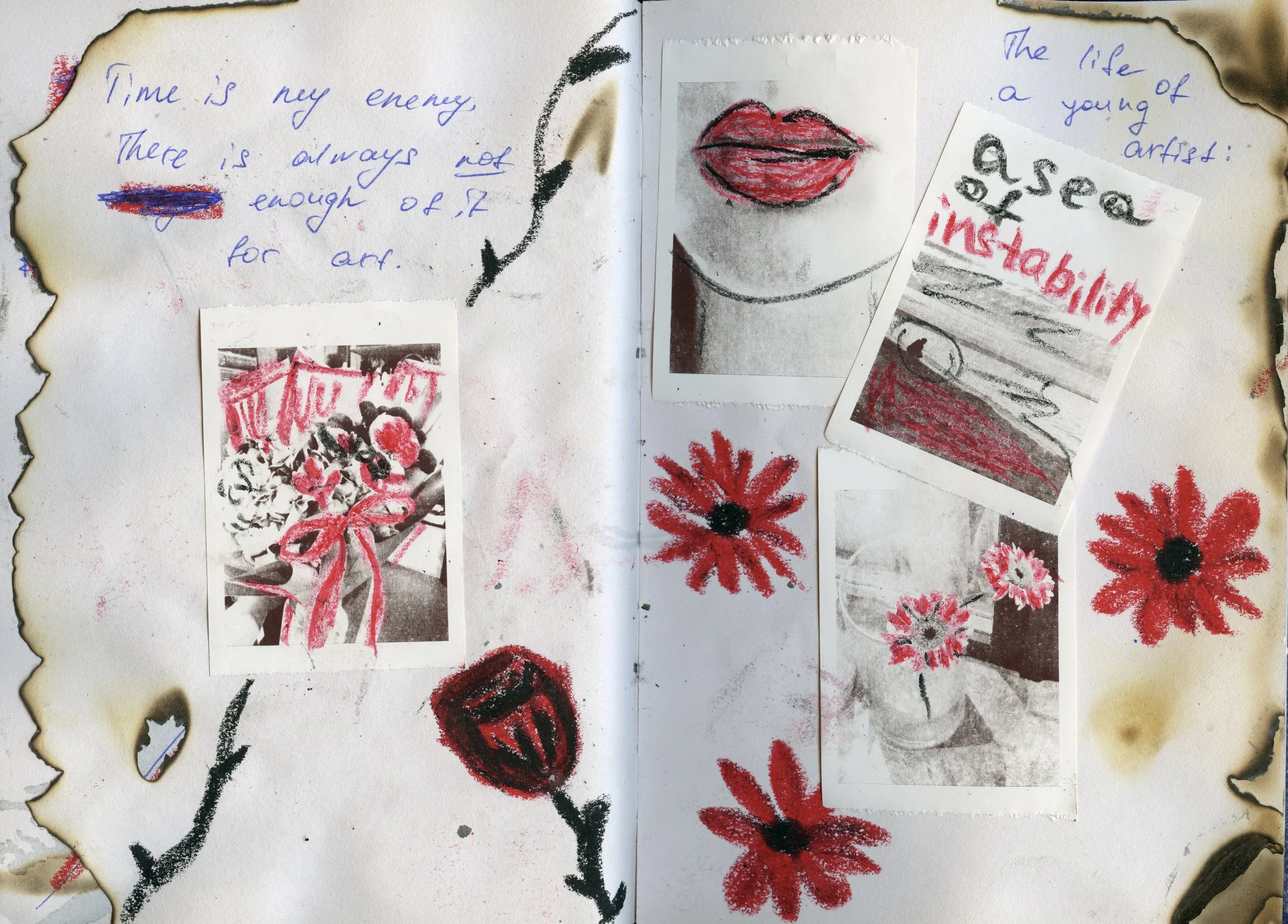 Red lips, flowers and handwritten notes