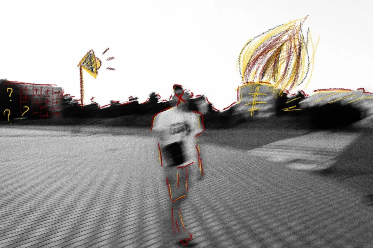 A man walking past a drawn onion dome