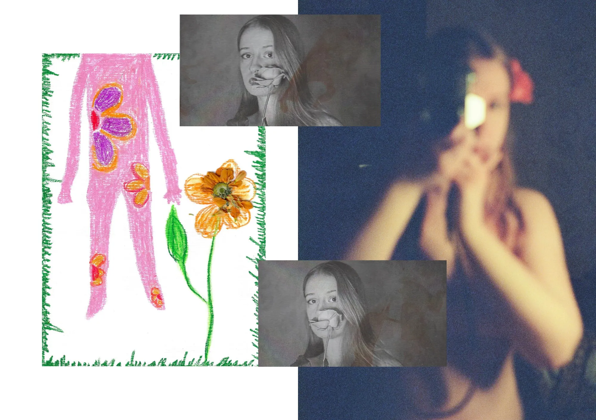 Pink drawn figure and flowers beside portrait photographs