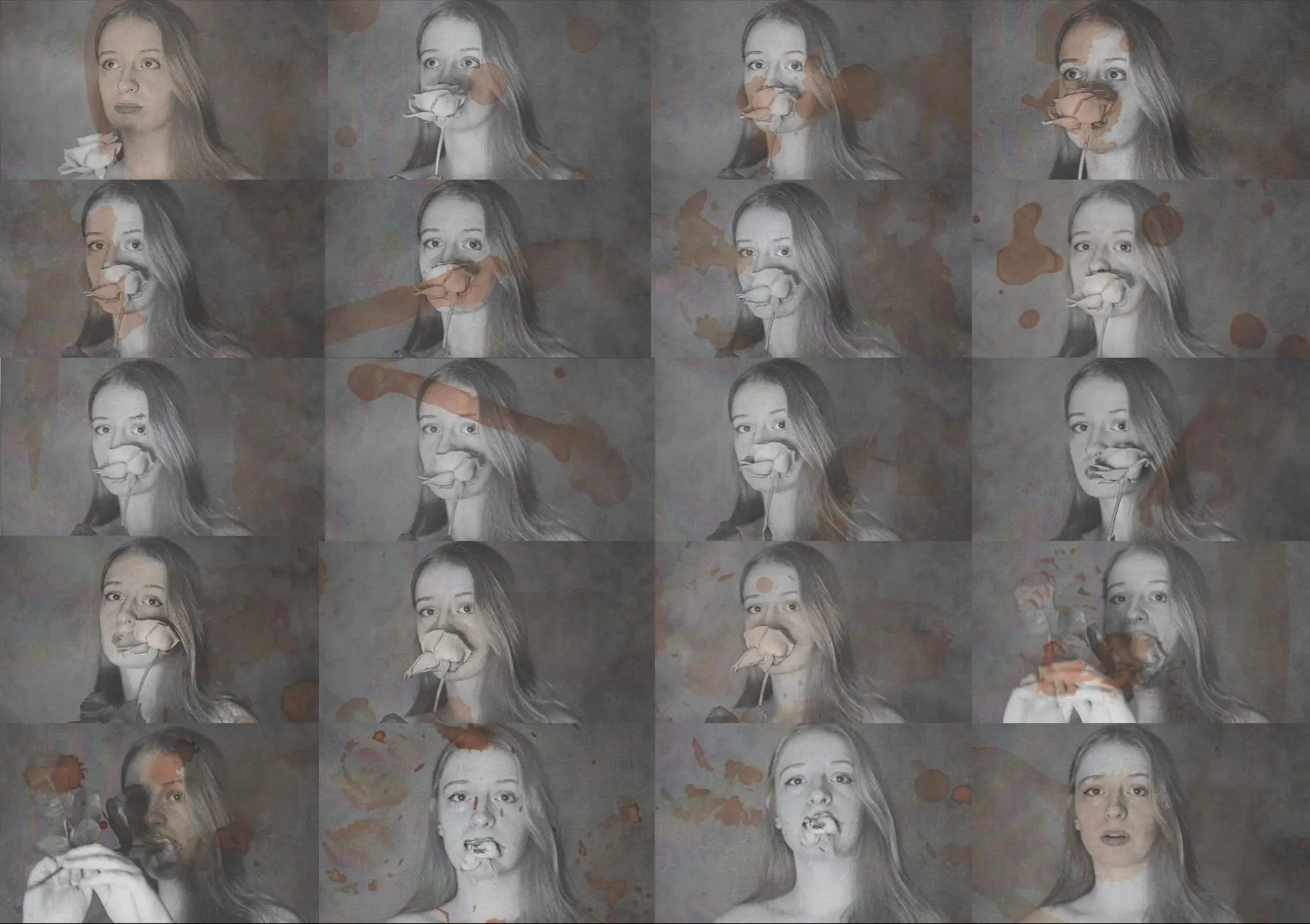 Grid of repeated portraits marked with paint