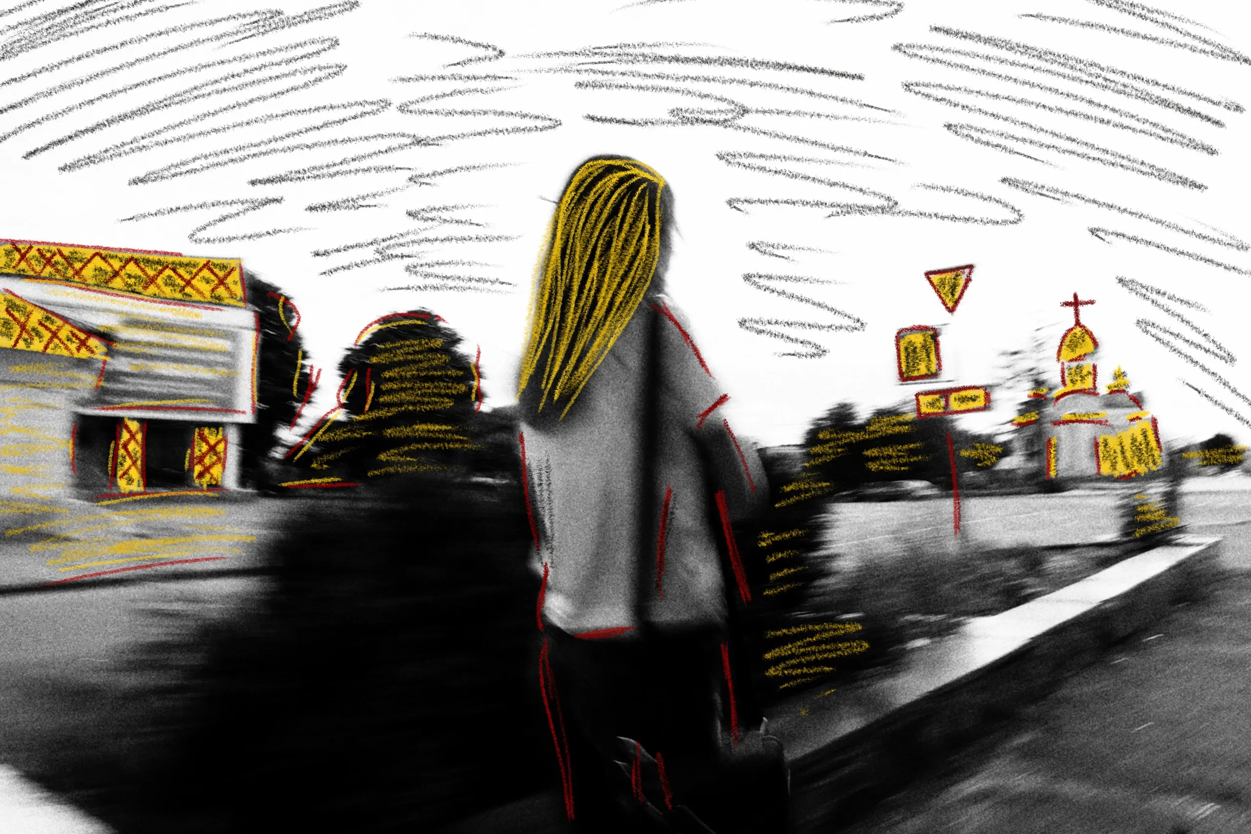 Street scene with drawn lines