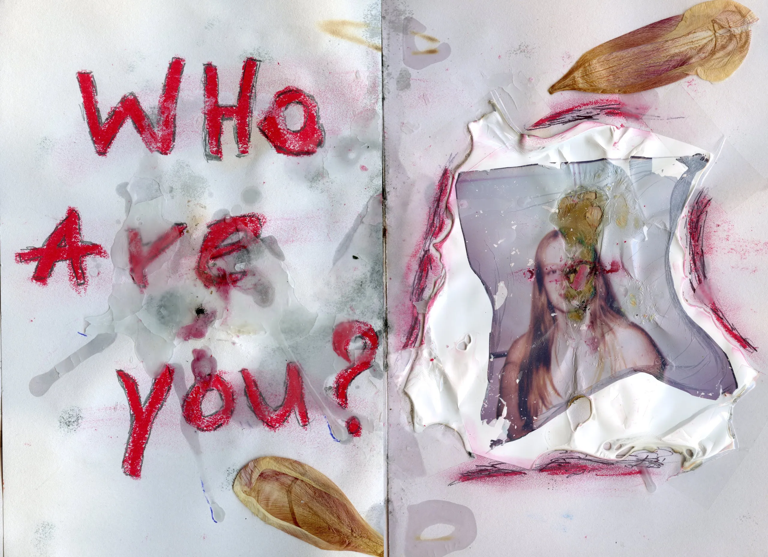 Art book spread with the words Who are you painted in red