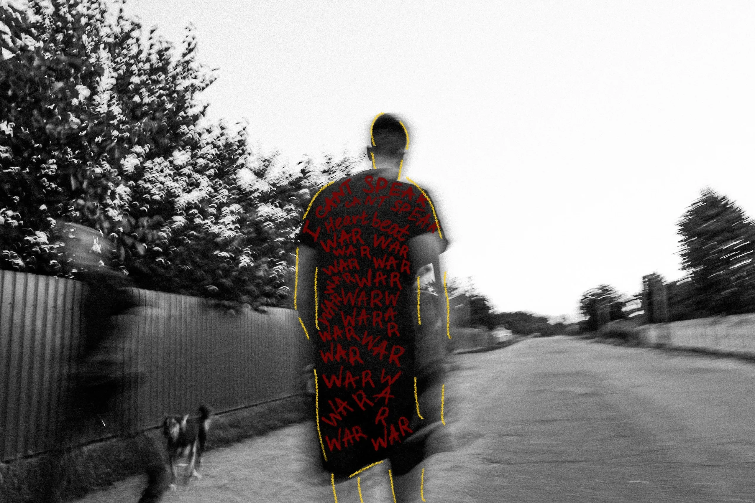A woman in red walking away
