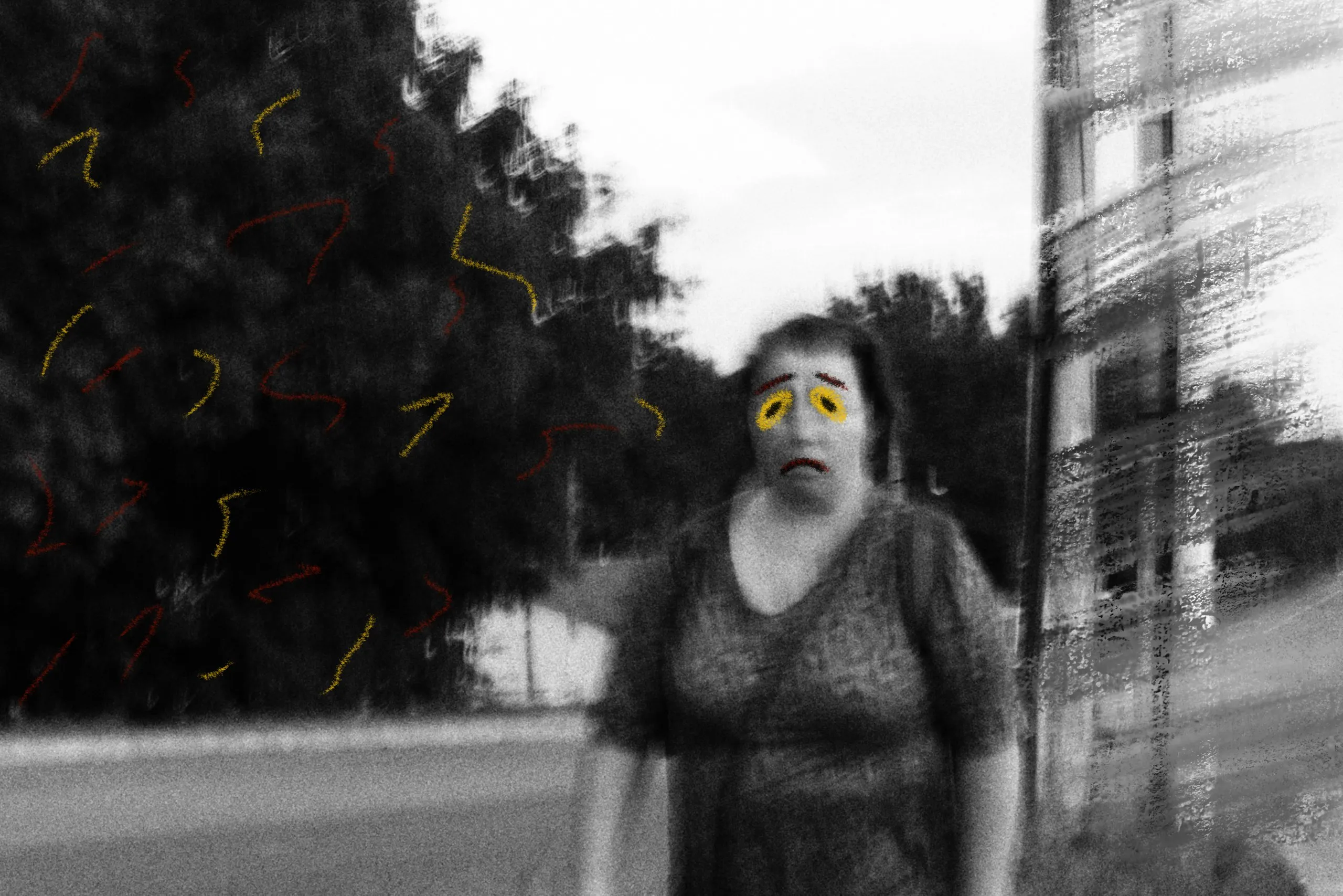 A woman with yellow marks over her face